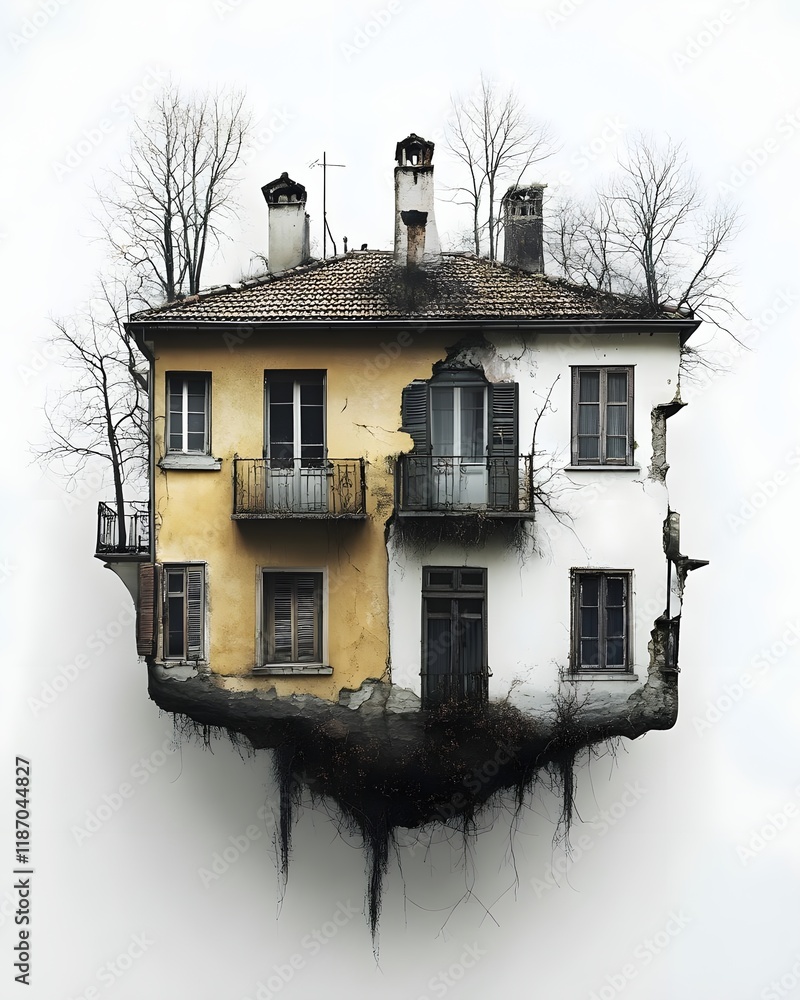 Poster a surreal floating house split between two colors, surrounded by bare trees and an ethereal atmosphe