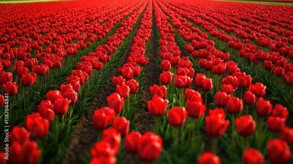 Poster aerial view of expansive vibrant red tulip fields in full bloom with ample copyspace for text placem