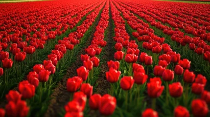 Gordijnen Aerial view of expansive vibrant red tulip fields in full bloom with ample copyspace for text placement and design elements © ArtificialHorizons