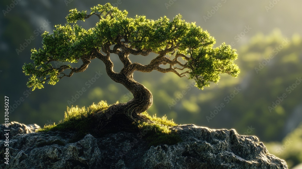 Poster elegant small tree with intricate vine patterns illuminated by soft sunlight against a blurred natur