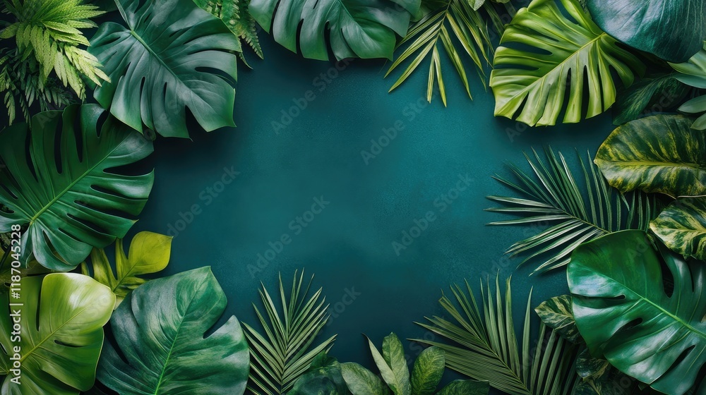 Poster aerial view of lush tropical leaves arranged on a dark background with ample space for personalized 