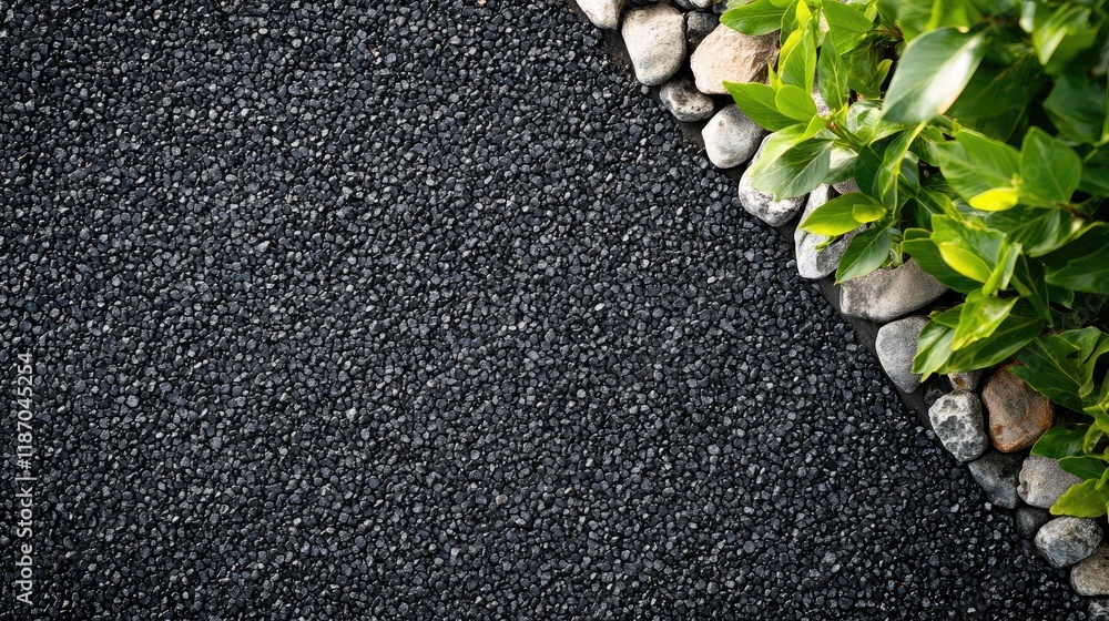Poster asphalt driveway with pebbles and greenery top view capturing texture and detail of paved surface in