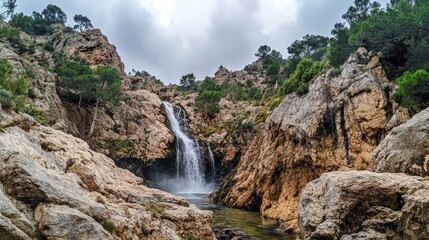 Obraz premium Stunning waterfall cascading through rocky highlands under an overcast sky surrounded by lush greenery and rugged terrain
