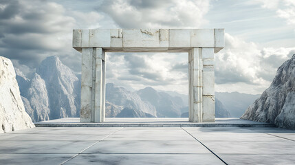 abstract architectural design in 3d rendering showcasing an ancient inspired structure with an expansive empty parking area, concrete flooring, and a stunning backdrop of mountains and open sky.