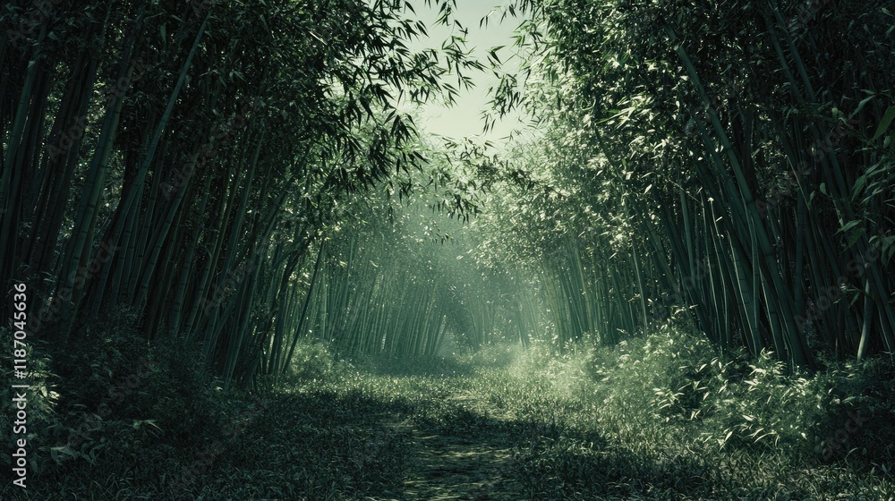 Poster mysterious bamboo forest pathway illuminated by soft light creating a serene and tranquil atmosphere