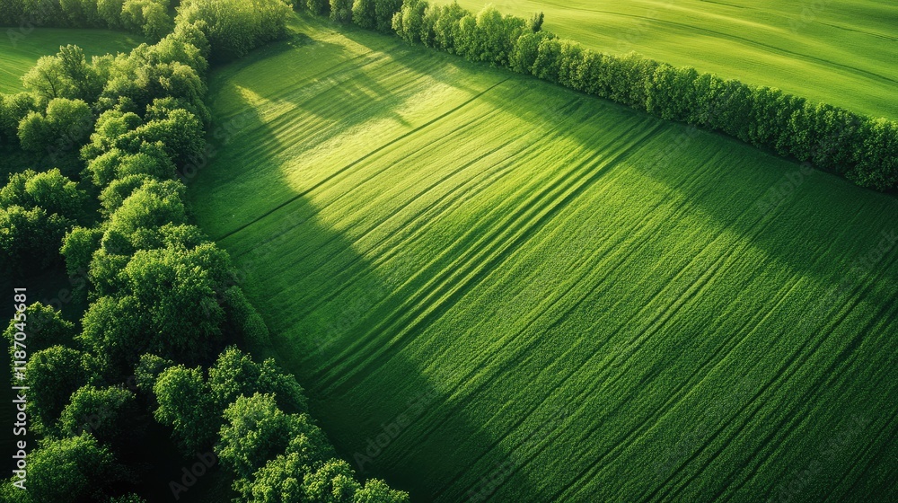 Poster aerial view of lush green fields and trees casting shadows creating an ideal background for text or 