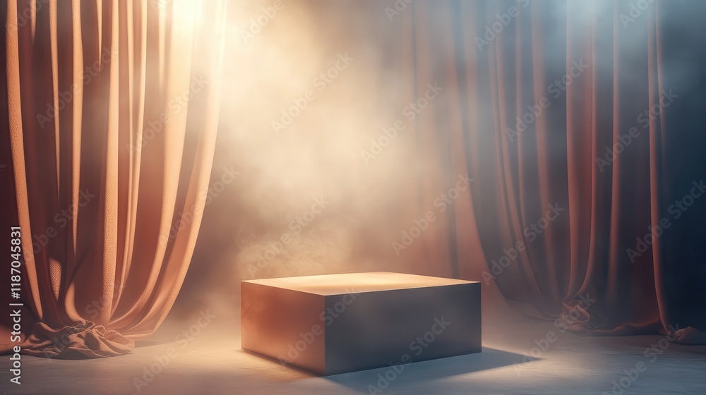 Poster elegant illuminated pedestal surrounded by abstract fabric and fog creating a mysterious atmosphere 