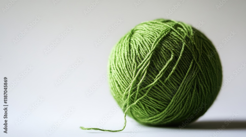 Poster green wool yarn ball with a loose thread on a soft white background showcasing texture and color ide