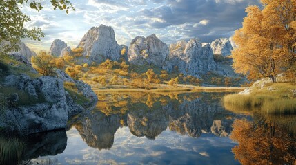 Stunning karst mountains reflecting in calm river waters surrounded by autumn foliage and dramatic skies in a picturesque landscape scene