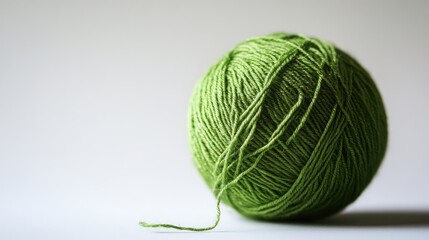 Green wool yarn ball with a loose thread on a soft white background showcasing texture and color ideal for crafting and textile projects.