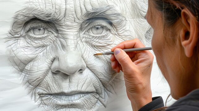 Artist meticulously details elderly woman's portrait in studio, capturing aging essence.