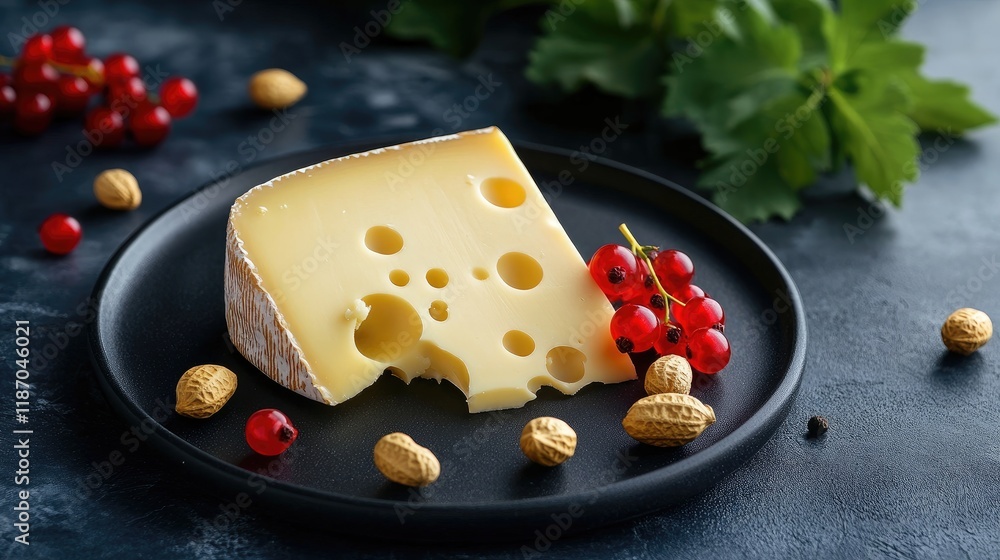 Poster old cheese on a black plate with red currants peanuts and parsley in a minimalistic style against a 