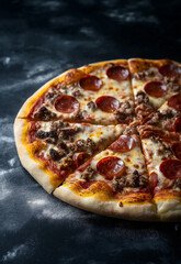 A mouthwatering commercial photograph of a pizza with meat and pepperoni, cheese melting on the top, a food shot with a dark background, for food advertising