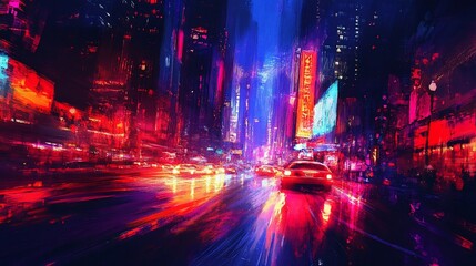 Obraz premium Cyberpunk city street at night, vibrant neon lights, rain reflecting on wet asphalt, fast moving cars.