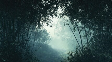 Fototapeta premium Misty Bamboo Forest Pathway with Lush Greenery and Soft Light Atmosphere