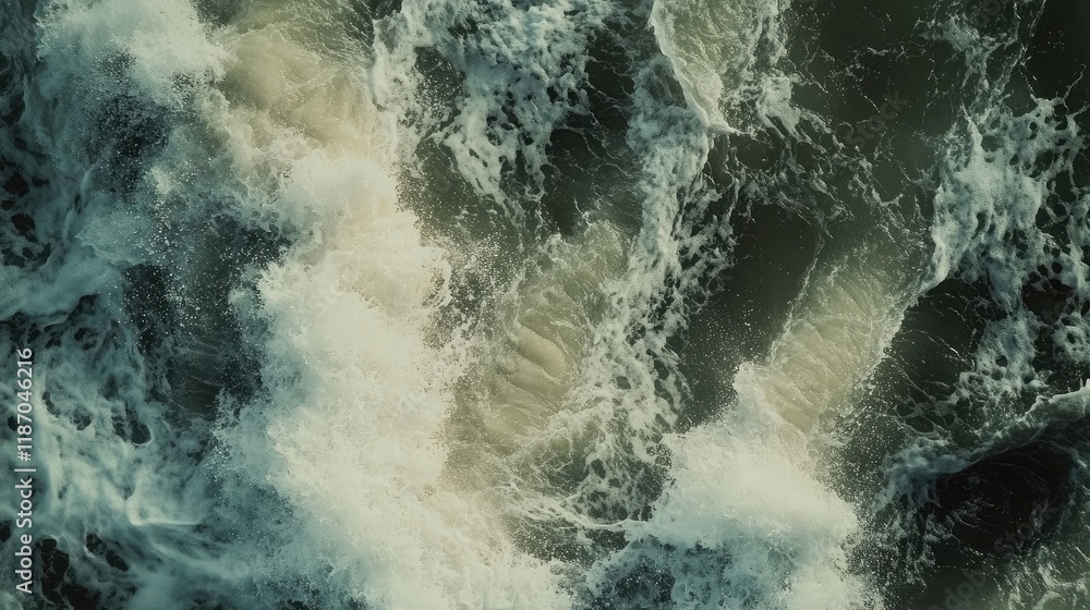 Poster aerial view of powerful ocean waves crashing on sandy shore with dynamic frothy water creating a stu