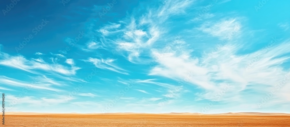 Poster vast abstract desert landscape featuring a bright blue sky and ample empty space for text or brandin