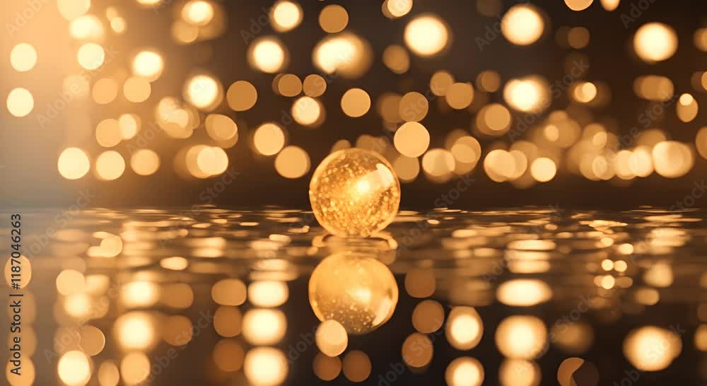 Poster golden bokeh light effect with sparkling reflections on a water surface creating a warm ambiance 4k
