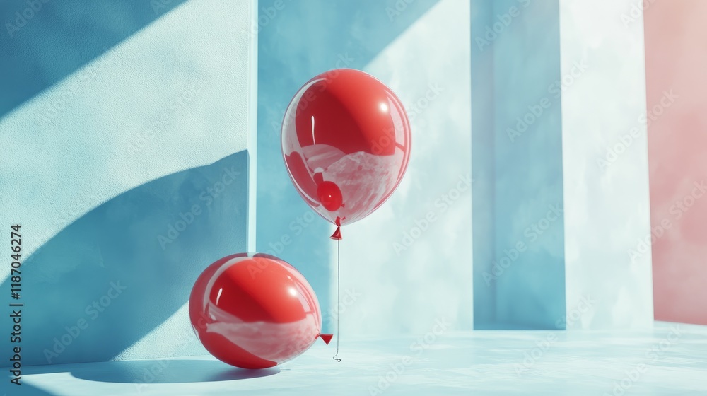 Poster colorful red balloons casting shadows in a modern minimalist setting with soft lighting highlighting