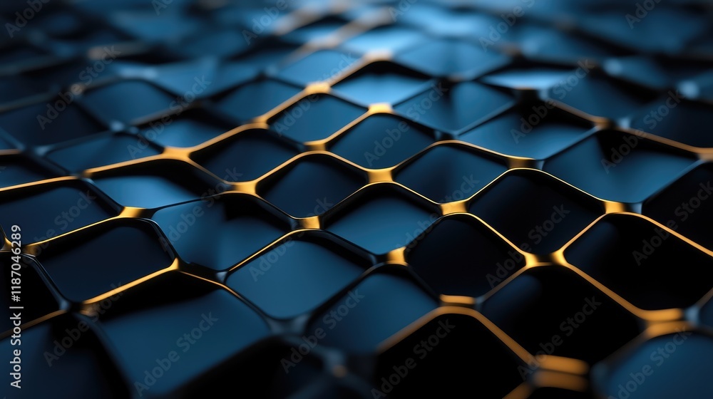 Poster geometric 3d background in dark blue and black with golden accents and a matte metal texture creatin