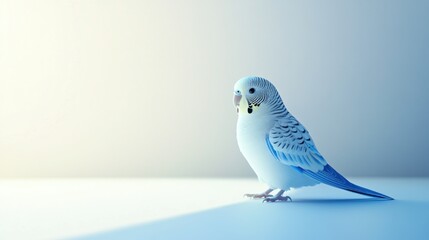 A light blue budgie parrot sits on a white surface, illuminated by soft light.