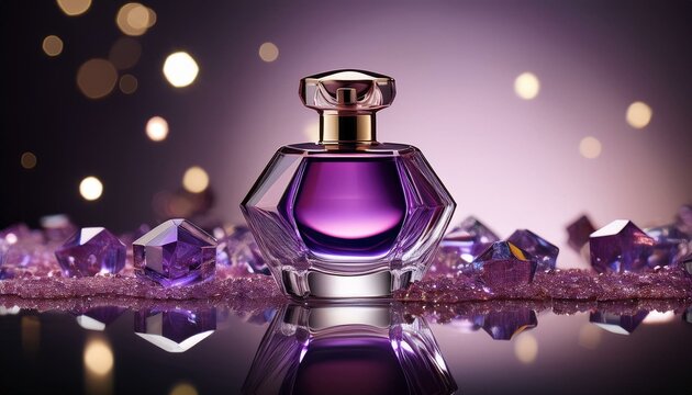 a beautifully designed purple perfume bottle sits among sparkling gems on a reflective surface evoking elegance and luxury