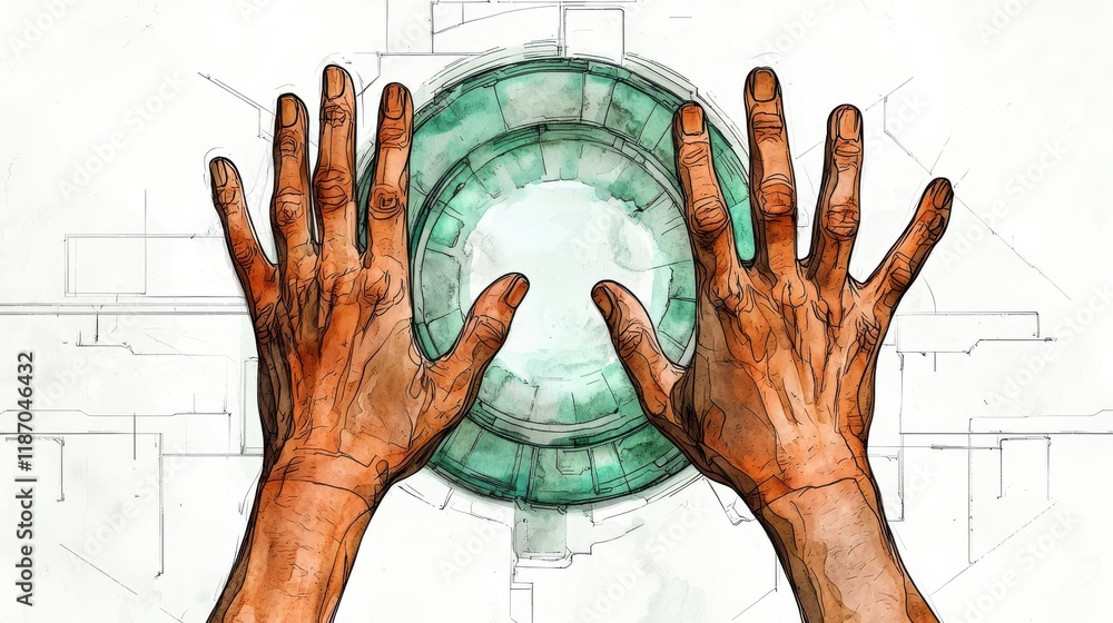 Poster hands reaching towards a circular interface in a futuristic setting