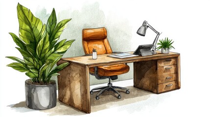 Cozy Modern Office Workspace with Plants and Comfortable Chair Design