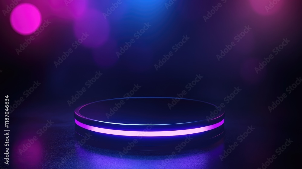 Poster dark abstract background with blurred bokeh lights and circular stage illuminated by deep blue and p