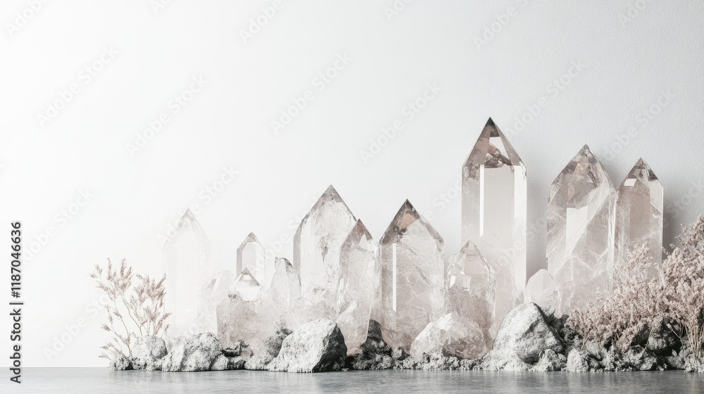 Poster abstract crystals arranged on a white background with natural elements and subtle shadows