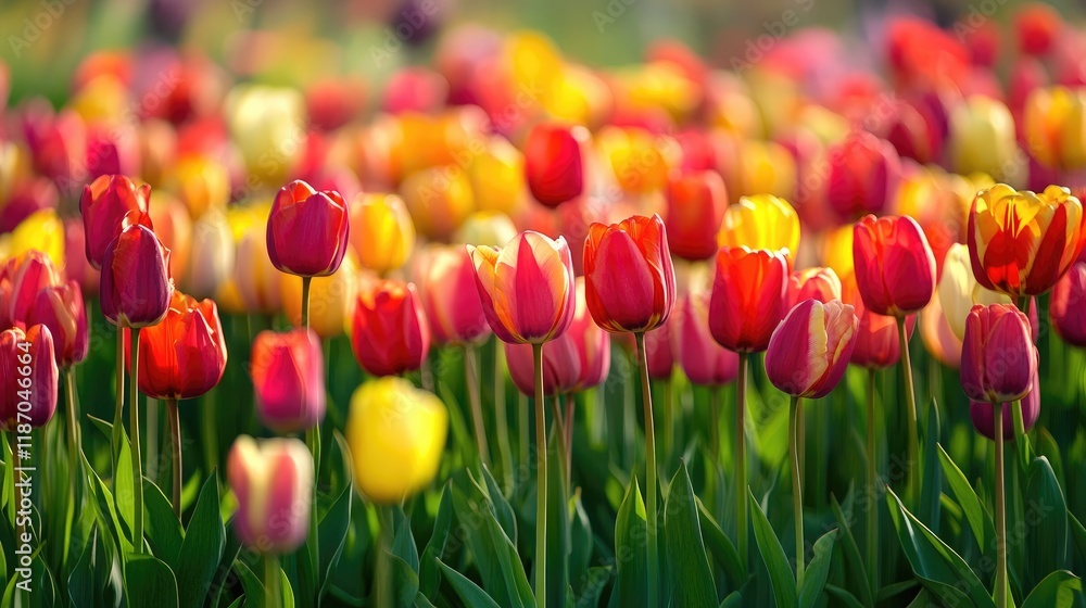 Poster vibrant tulip field in full bloom displaying a beautiful array of colors and natural beauty in a sun
