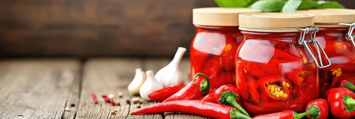 Jars filled with fermented peppers and garlic displayed on wooden surface with fresh chili peppers and garlic scattered nearby