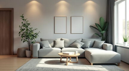 modern living room with a light gray sectional sofa natural light