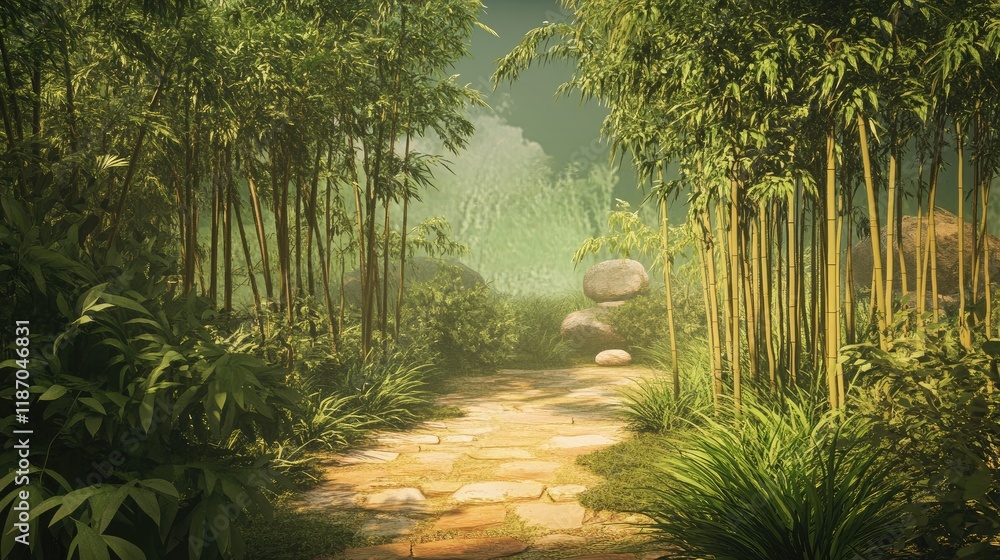 Aufkleber serene bamboo grove pathway in lush garden setting with soft light and natural stones creating a tra
