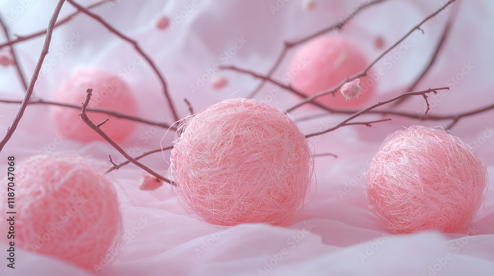 Poster decorative pink straw balls interspersed with delicate branches on a soft pastel background for crea