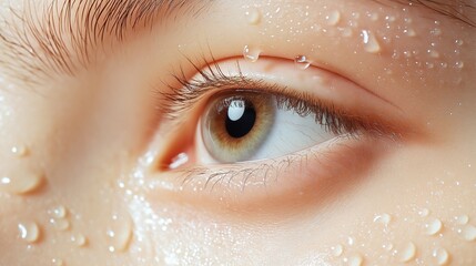 close up of skin with water drop, female eye