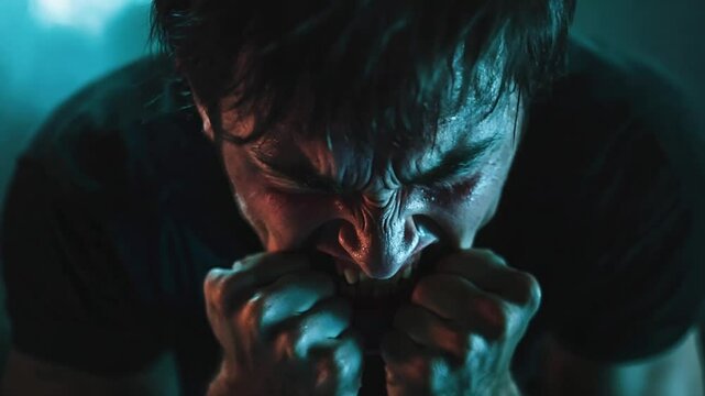 A powerful close-up of a man expressing raw anger and frustration, clenching his fists and gritting his teeth. The dramatic lighting emphasizes the emotional intensity and tension of the moment.