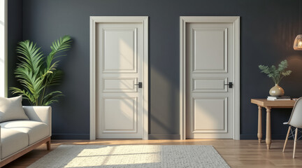 bright minimalist room interior with two paneled doors