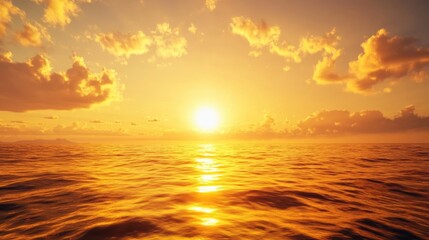 Fototapeta premium Golden sunset reflection on tranquil sea with vibrant cloud formations creating a serene atmosphere in the sky and water.