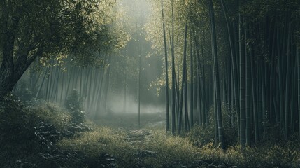 Serene bamboo forest with sunlight streaming through mist creating a tranquil natural landscape scene