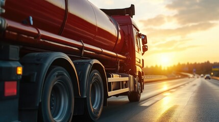 Asphalt truck pouring material on roadway during highway construction at sunset in a scenic landscape