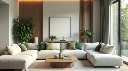 modern minimalist living room with sectional sofa green accents