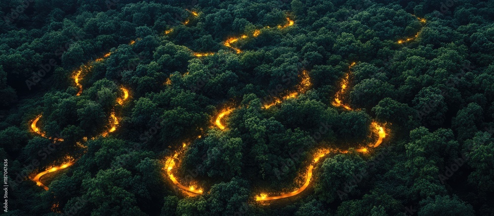 Poster aerial view of luminous trails through dense forest with space for custom text insert