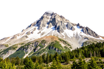 Majestic snowcapped mountain peak towering over lush green forest breathtaking nature scene