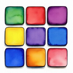 Colorful Watercolor Squares in a Nine-Grid Pattern on White Background