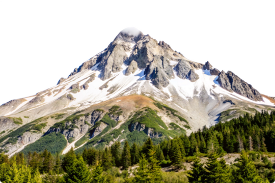 Majestic snowcapped mountain peak towering over lush green forest breathtaking nature scene