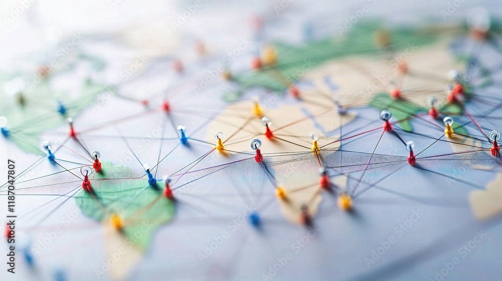 Poster global communication network with colorful lines and pins