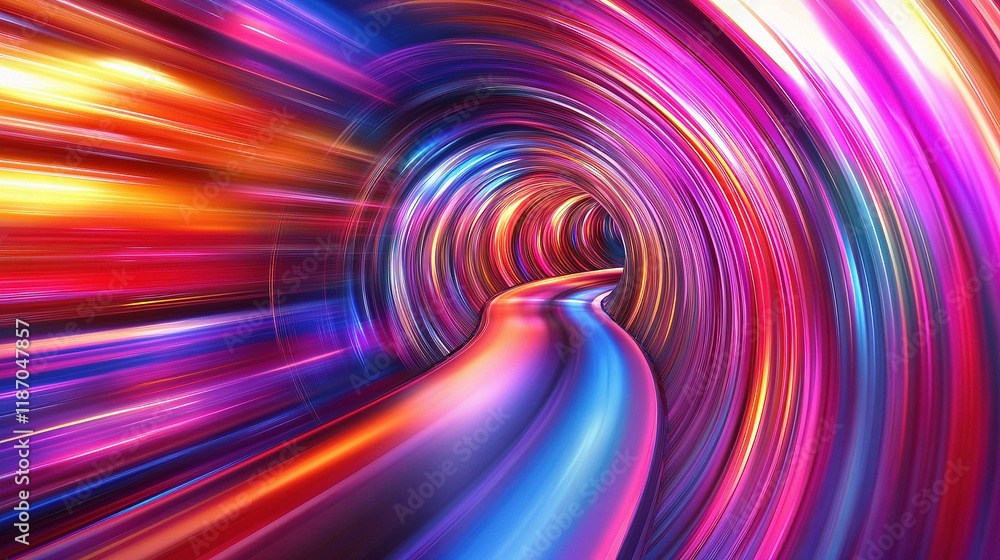 Poster futuristic tunnel with colorful light loops and dynamic motion effects