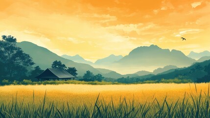 Naklejka premium Serene Rice Field Landscape at Sunset with Mountains and a Rustic Cottage in Tranquil Asian Countryside