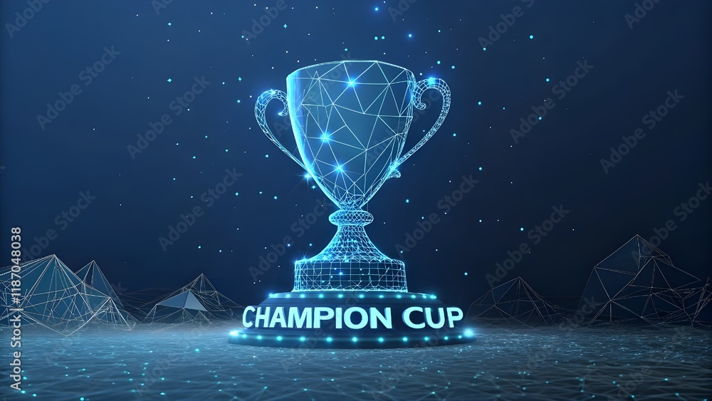 Poster abstract image of a champion cup in the form of a starry sky or space, consisting of points, lines, 